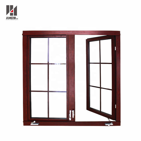 American wooden grain color grille design tempered glass crank aluminium casement windows on China WDMA