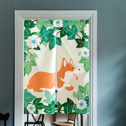 Corgi dog fabric art cartoon cotton and linen partition kitchen living room Japanese style door curtain portiere hanging screen on China WDMA