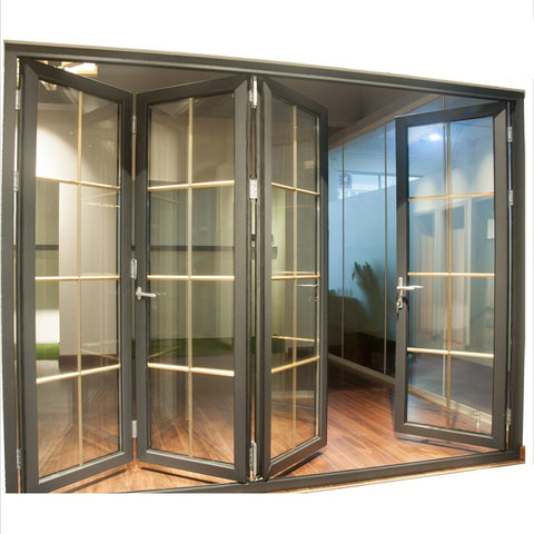 Customized soundproof aluminium accordion folding doors with grill design on China WDMA