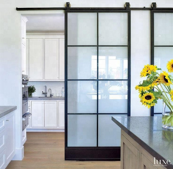 Frosted Glass Interior Door With Black Steel Frame, Steel insulated sliding barn door with hardware