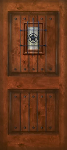 WDMA 32x80 Door (2ft8in by 6ft8in) Exterior Knotty Alder 80in 2 Panel Square V-Grooved Estancia Alder Door with Speakeasy / Clavos 1