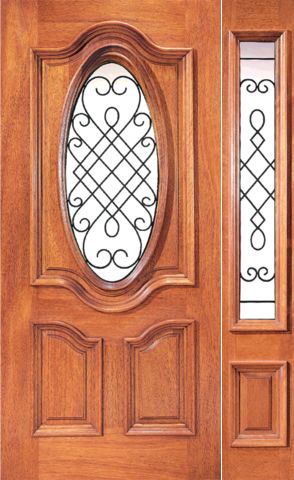 WDMA 44x80 Door (3ft8in by 6ft8in) Exterior Mahogany Oval Entry Door One Sidelight Decorative Ironwork 1