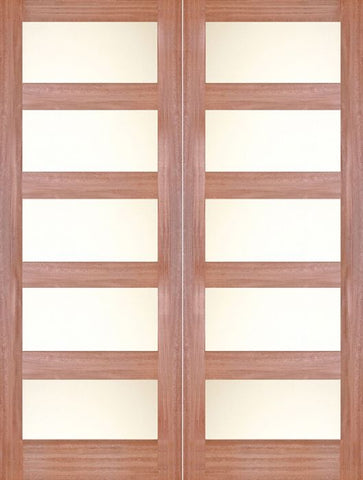 WDMA 48x80 Door (4ft by 6ft8in) Interior Barn Mahogany 4 Lite / 5 Lite Shaker Double Door w/ Matte Glass SH-20 1