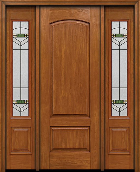 WDMA 54x96 Door (4ft6in by 8ft) Exterior Cherry 96in Two Panel Camber Single Entry Door Sidelights Greenfield Glass 1