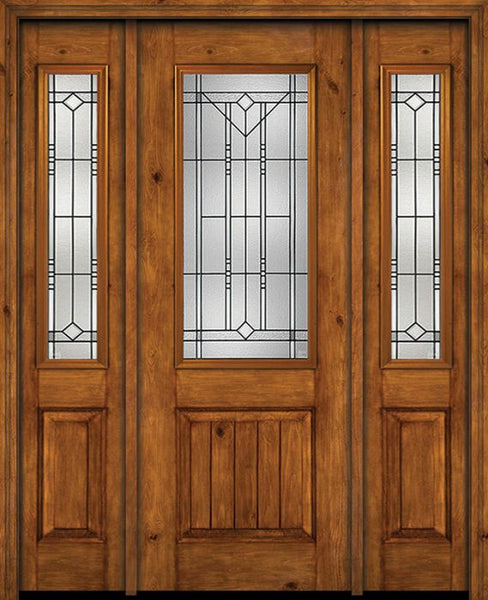 WDMA 54x96 Door (4ft6in by 8ft) Exterior Knotty Alder 96in Alder Rustic V-Grooved Panel 2/3 Lite Single Entry Door Sidelights Riverwood Glass 1