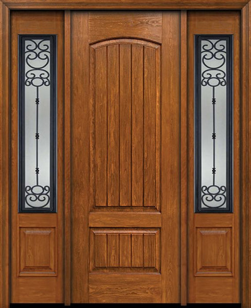 WDMA 54x96 Door (4ft6in by 8ft) Exterior Cherry 96in Plank Two Panel Single Entry Door Sidelights Belle Meade Glass 1