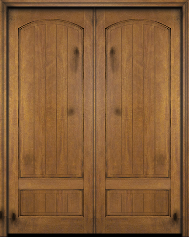 WDMA 64x80 Door (5ft4in by 6ft8in) Interior Swing Mahogany 2 Panel Arch Top V-Grooved Plank Exterior or Double Door 1