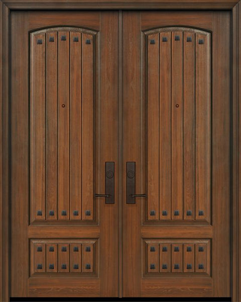 WDMA 64x96 Door (5ft4in by 8ft) Exterior Cherry IMPACT | 96in Double 2 Panel Arch V-Grooved or Knotty Alder Door with Clavos 1