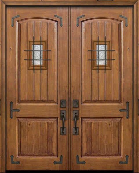 WDMA 64x96 Door (5ft4in by 8ft) Exterior Knotty Alder 96in Double 2 Panel Arch V-Groove Door with Speakeasy / Corner Straps 1