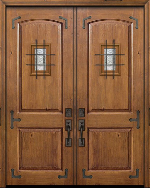 WDMA 64x96 Door (5ft4in by 8ft) Exterior Knotty Alder 96in Double 2 Panel Arch Door with Speakeasy / Corner Straps 1