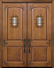 WDMA 64x96 Door (5ft4in by 8ft) Exterior Knotty Alder 96in Double 2 Panel Arch Door with Speakeasy / Corner Straps 1