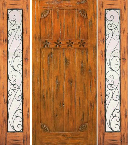 WDMA 66x80 Door (5ft6in by 6ft8in) Exterior Knotty Alder Prehung Door with Two Sidelights Carved 1