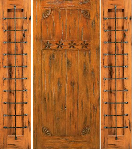 WDMA 66x80 Door (5ft6in by 6ft8in) Exterior Knotty Alder Prehung Door with Two Sidelights Carved 1