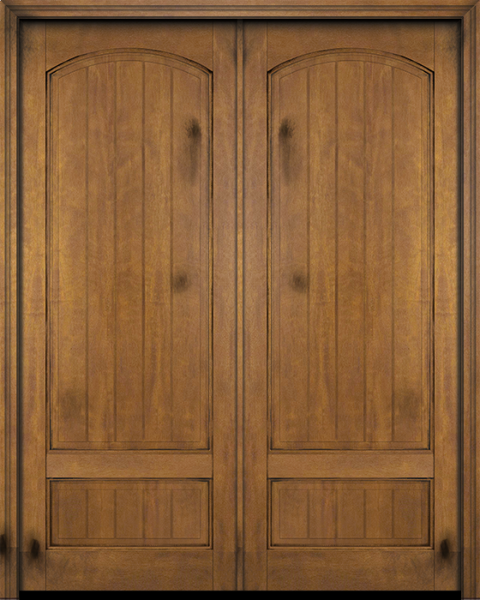 WDMA 72x84 Door (6ft by 7ft) Exterior Barn Mahogany 2 Panel Arch Top V-Grooved Plank or Interior Double Door 1