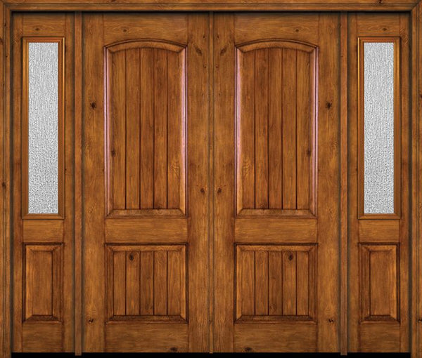 WDMA 84x96 Door (7ft by 8ft) Exterior Knotty Alder 96in Alder Rustic V-Grooved Panel Double Entry Door Sidelights Rain Glass 1