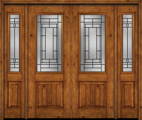 WDMA 84x96 Door (7ft by 8ft) Exterior Knotty Alder 96in Alder Rustic V-Grooved Panel 2/3 Lite Double Entry Door Sidelights Pembrook Glass 1