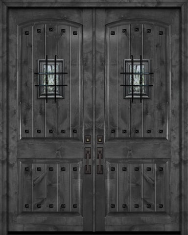 WDMA 84x96 Door (7ft by 8ft) Exterior Knotty Alder 42in x 96in Double Arch 2 Panel V-Grooved Estancia Alder Door with Speakeasy / Clavos 1