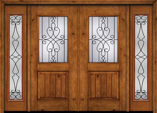 WDMA 88x80 Door (7ft4in by 6ft8in) Exterior Cherry Alder Rustic V-Grooved Panel 1/2 Lite Double Entry Door Sidelights Full Lite Wyngate Glass 1