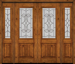 WDMA 88x96 Door (7ft4in by 8ft) Exterior Knotty Alder 96in Alder Rustic V-Grooved Panel 2/3 Lite Double Entry Door Sidelights Ashbury Glass 1