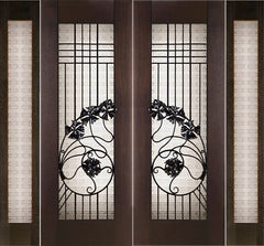 WDMA 96x96 Door (8ft by 8ft) Exterior Mahogany Double 2-1/4in Thick Art Nouveau Doors Sidelights Art Glass Iron Work 1