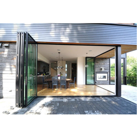 wood color Aluminium soundproof tri fold doors/glass folding double panel door on China WDMA on China WDMA